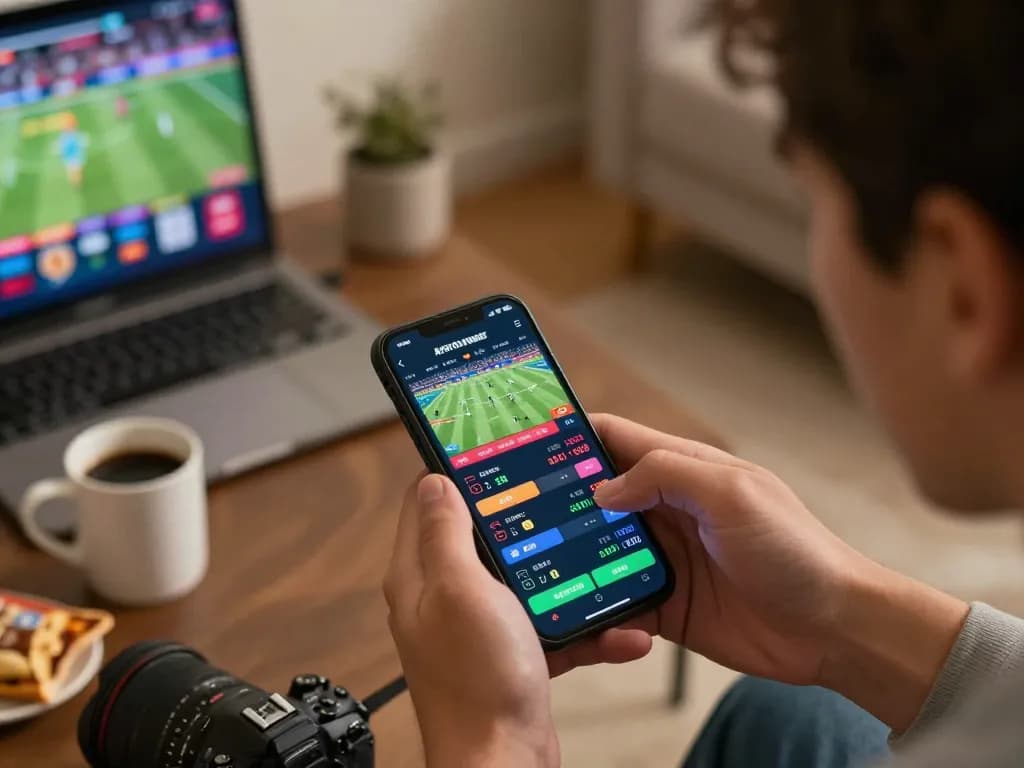 LIGA2000 user engaging in strategic sports betting with smartphone app and odds analysis in a cozy home setting.