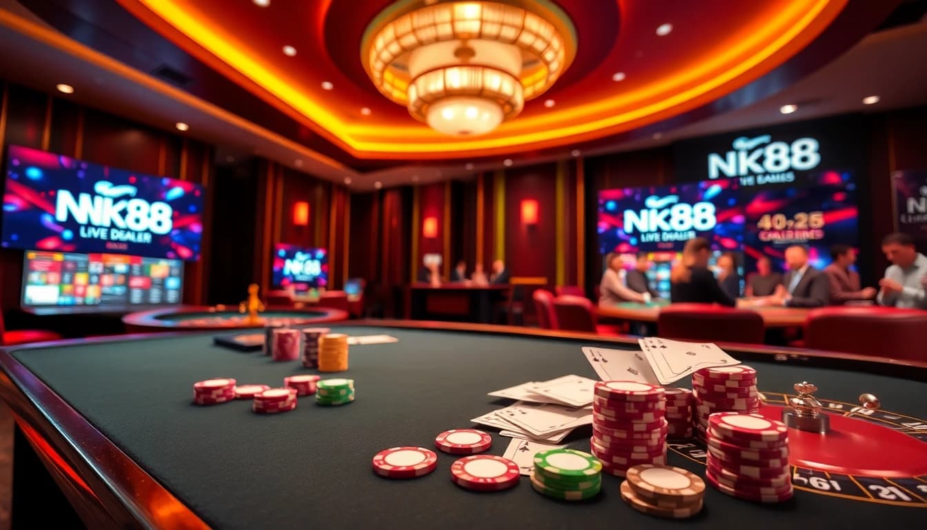 Experience thrilling gameplay at NK88 with vibrant poker chips and a live dealer table.