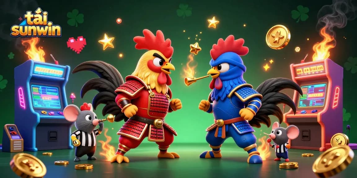 Engage with tải sunwin while watching twin roosters battle in an exciting casino-themed scene.
