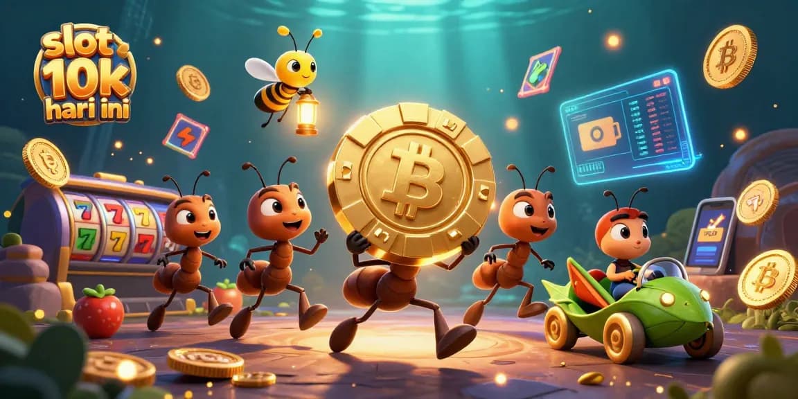 Engage in thrilling action with slot 10k hari ini, featuring ants in a heist, jackpots, and vibrant casino elements.