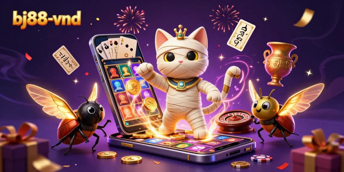 Experience the thrill of bj88-vnd with a vibrant 3D casino scene featuring iconic gaming symbols.