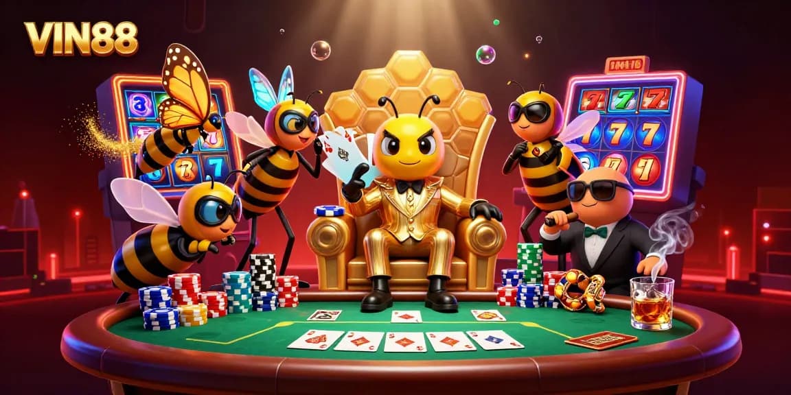 Experience thrilling gameplay at VIN88 with a dynamic 3D casino scene featuring rich slot elements and vibrant characters.
