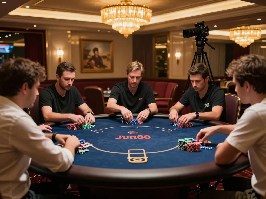 Players strategizing their bets at Jun88 poker table in a luxurious casino setup.