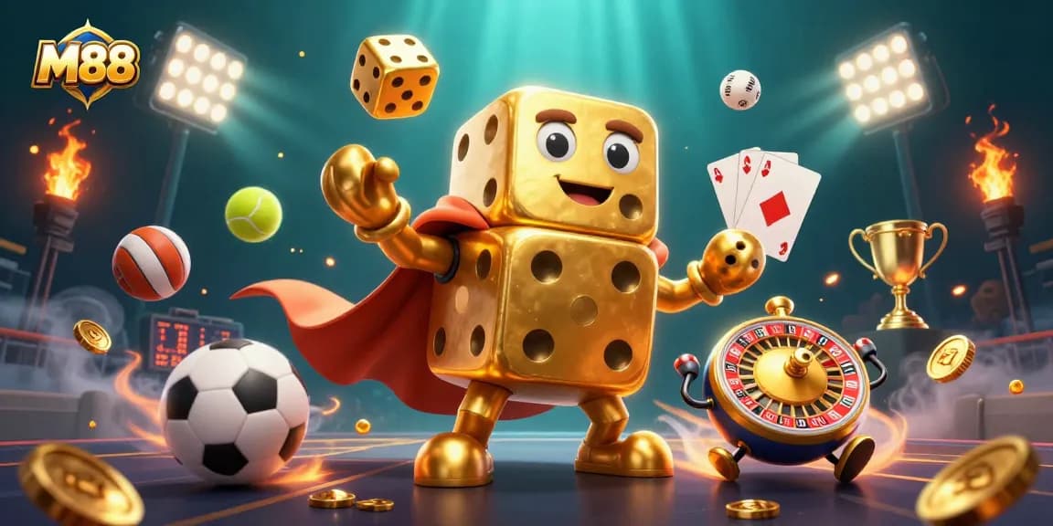 Engage with M88's vibrant gaming universe featuring a golden dice golem and sports elements.