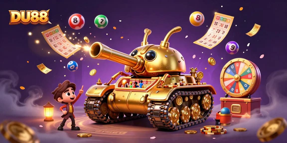 Join the excitement at DU88 with an engaging 3D casino scene filled with confetti and colorful lottery balls.