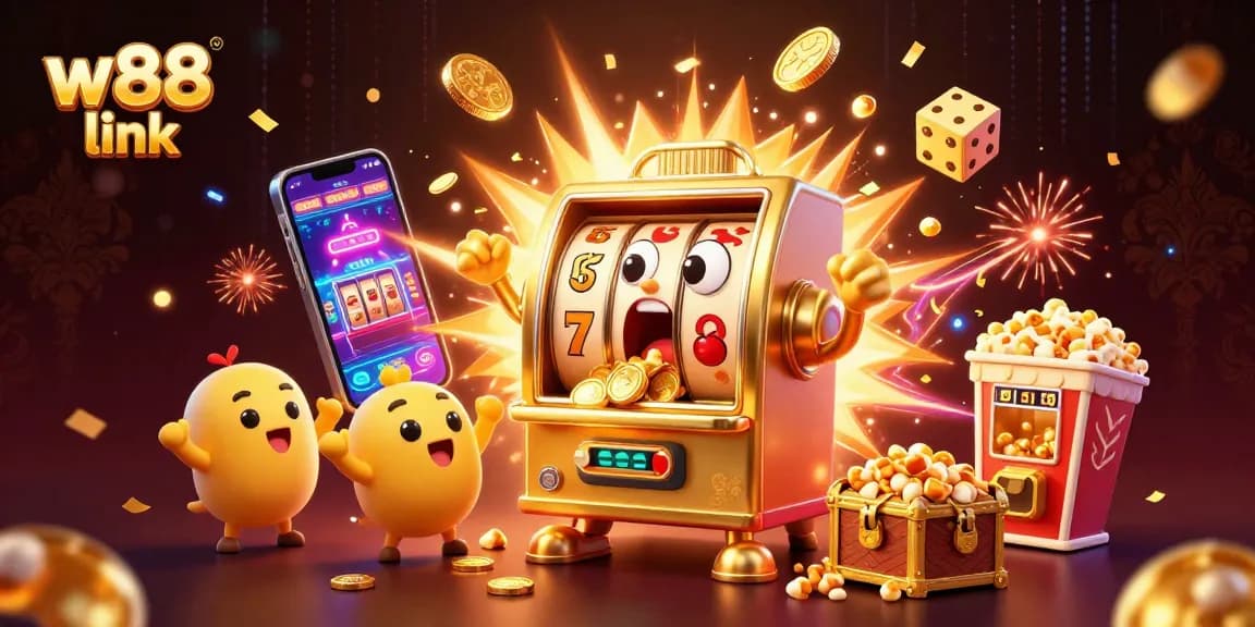 Experience the excitement of w88 link with dynamic casino elements and cartoon slot machines celebrating jackpots.