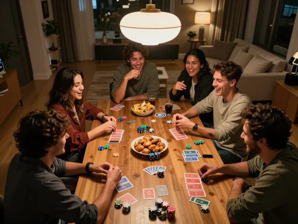 Playing various engaging NSFW games with friends around the table in a cozy home setting.