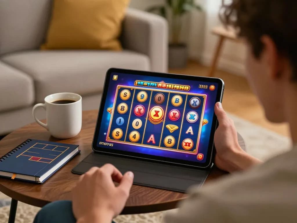 Player engaging in slot mahjong game on tablet, showcasing excitement of online gaming.