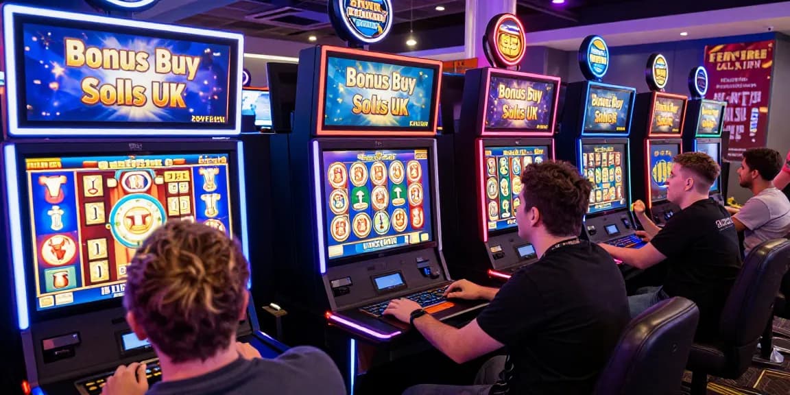 Exciting bonus buy slots UK gaming experience with players celebrating wins in a modern casino setting.