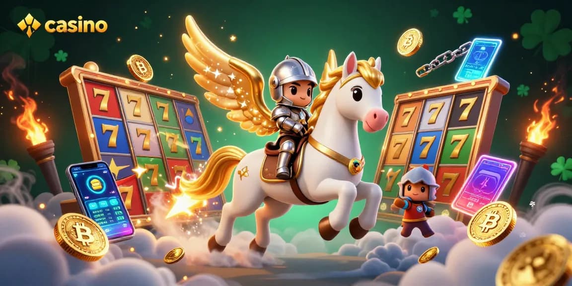 Spin the reels at this vibrant casino scene showcasing a celestial horse and knight amidst glowing gaming elements.