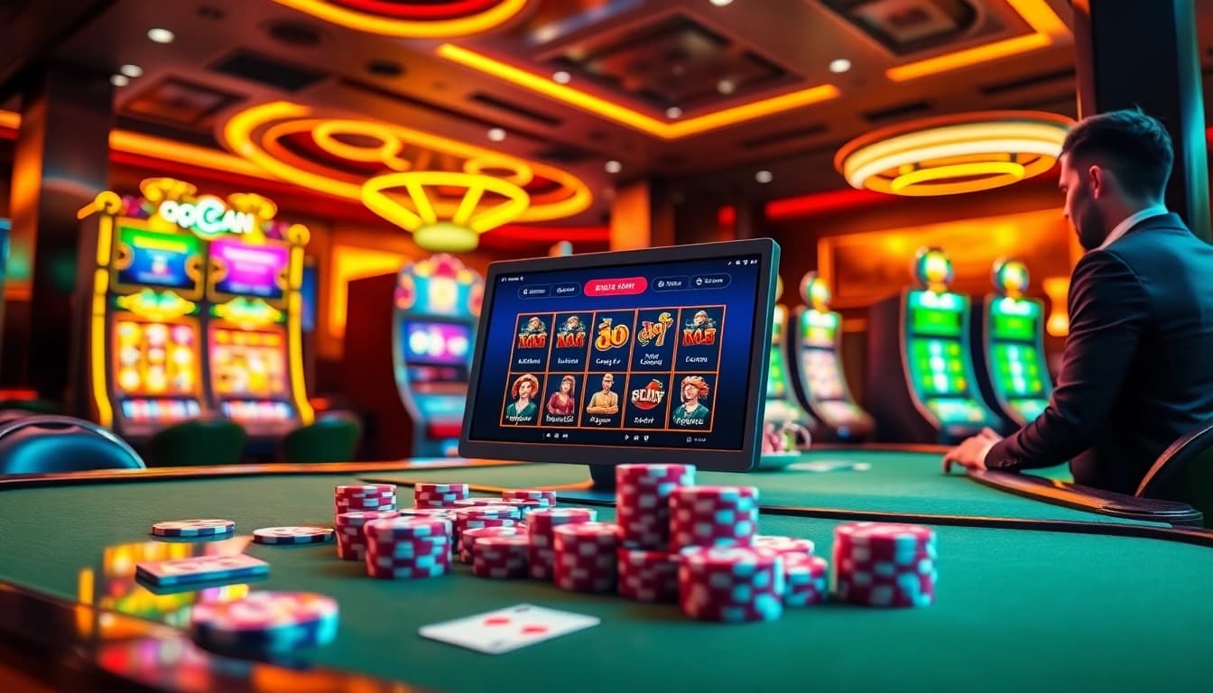 Experience the excitement of qqmacan slot with colorful machines, chips, and vibrant casino ambiance.