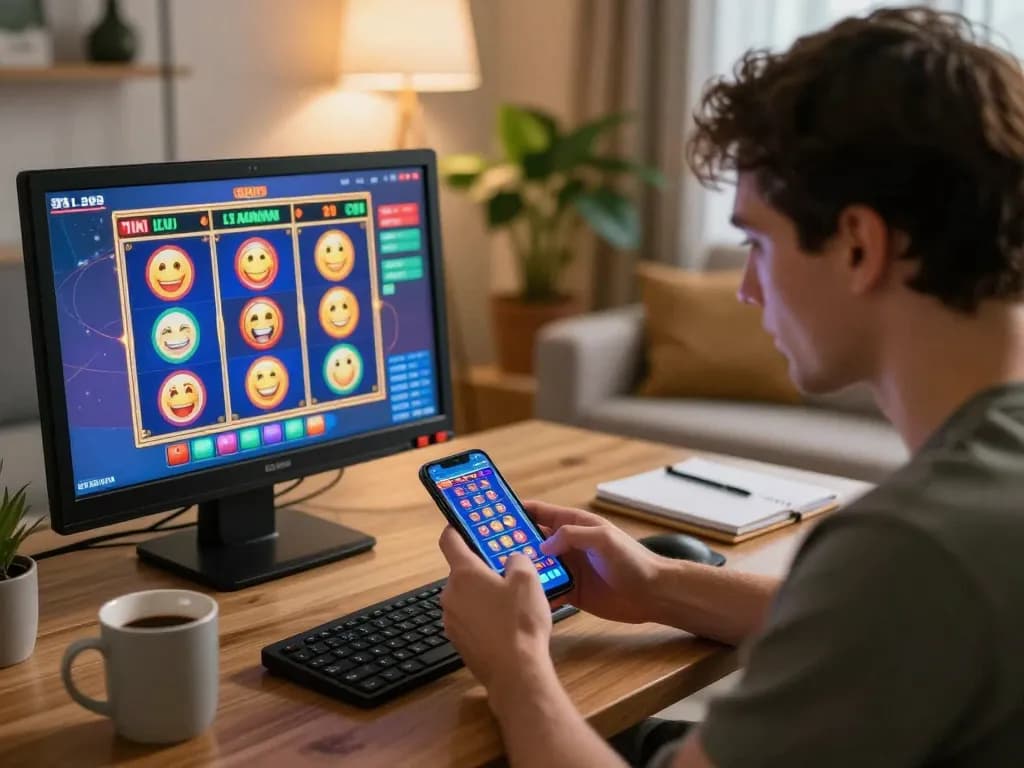 Engaged player using mobile app to access link slot games in a cozy home setting