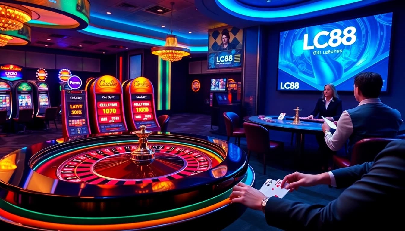 Players enjoying the LC88 online casino vibe with roulette, cards, and vibrant slot machines.