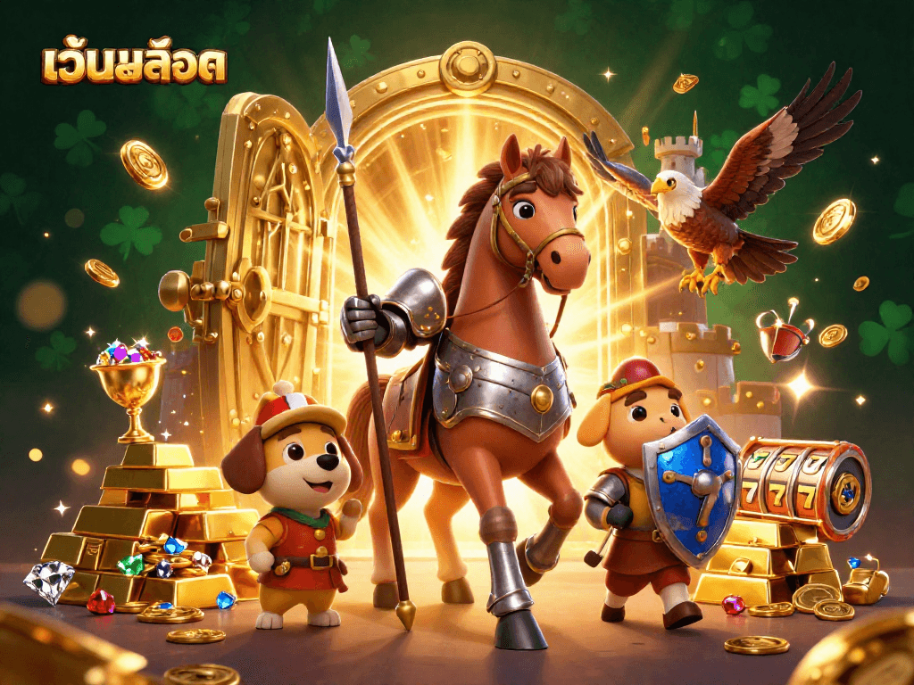 Win big at เว็บสล็อต with dynamic slot games and treasure alongside a knight and a puppy!