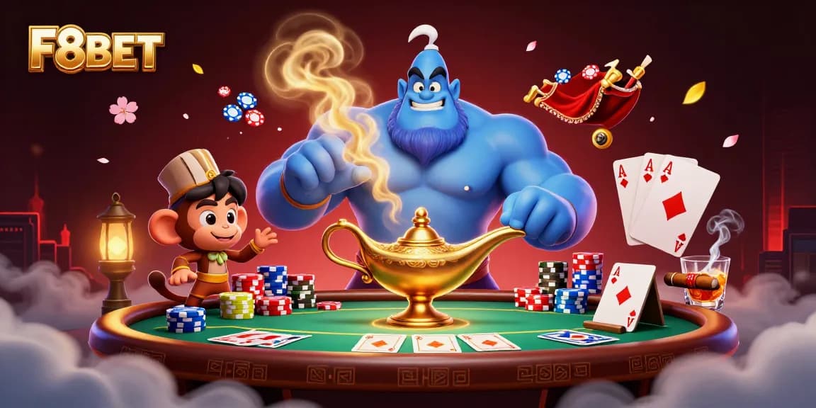 F8BET offers a vibrant casino experience with a blue genie, poker chips, and immersive gaming elements.