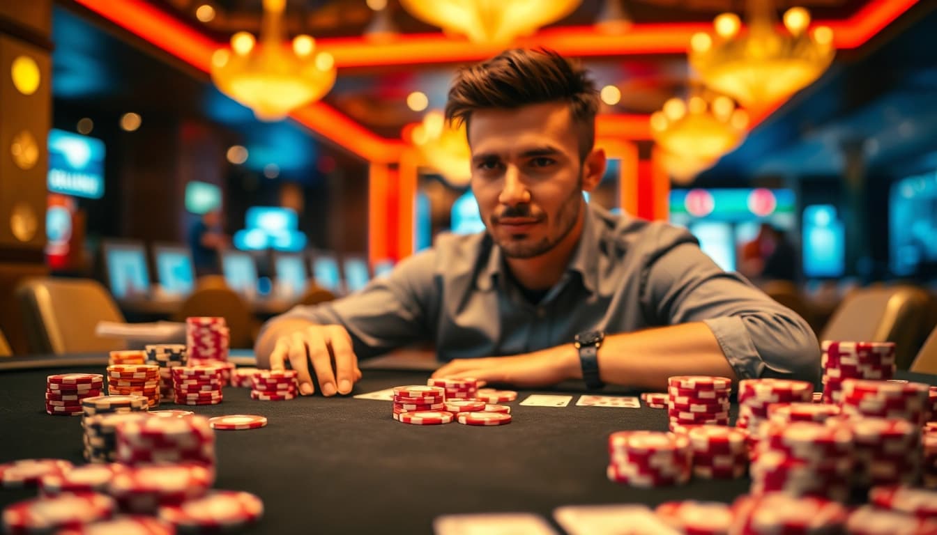 Spannende casinospielen mit bunten Chips und Spielkarten auf einem eleganten Pokertisch.