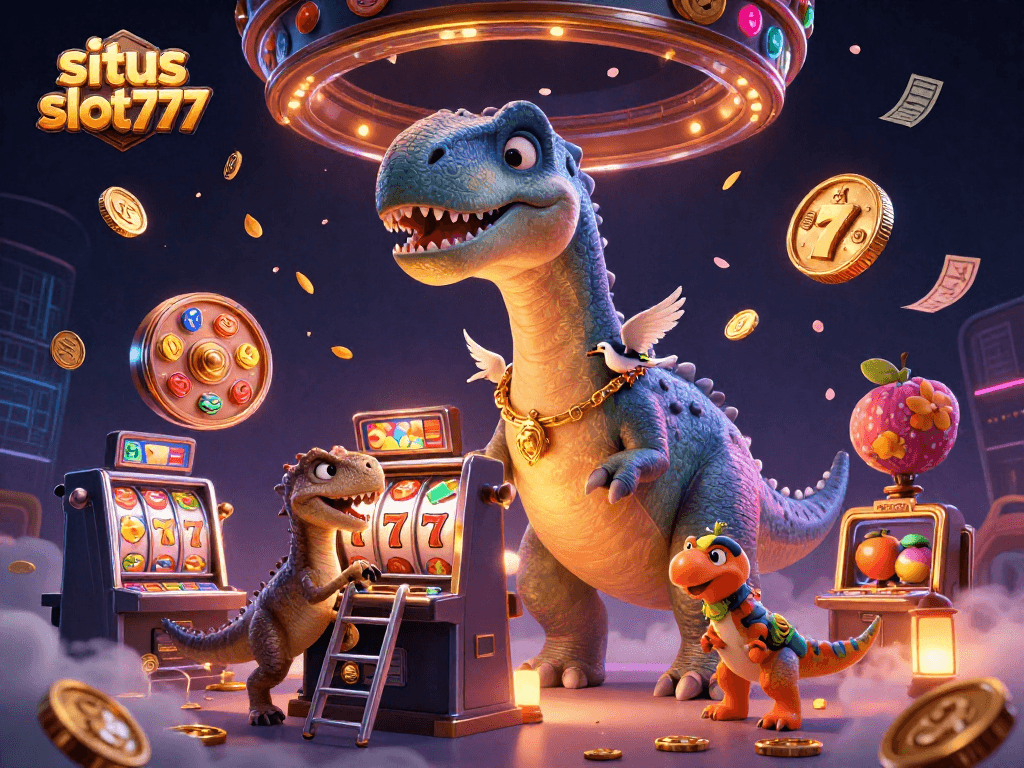 Situs slot777 reveals vibrant slot action with a brontosaurus and raptor in a dynamic casino scene.