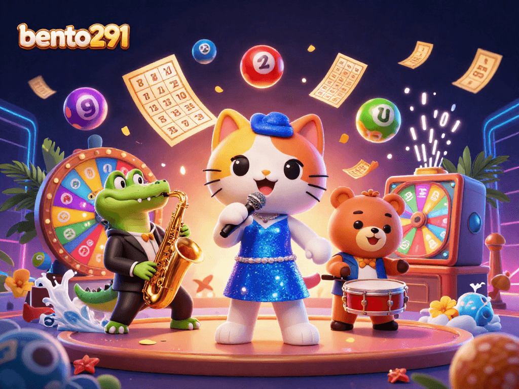 Celebrate wins with bento291's vibrant casino scene featuring a jazz cat and interactive games!