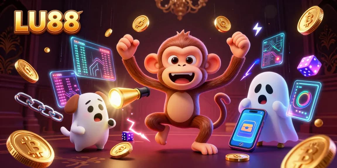 LU88 showcases a dynamic casino scene with a mischievous monkey and a curious puppy tracking it amidst glowing crypto elements.
