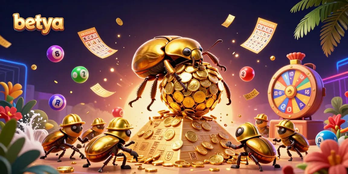 Betya showcases a vibrant scene of golden beetles and dynamic lottery elements for exciting betting.