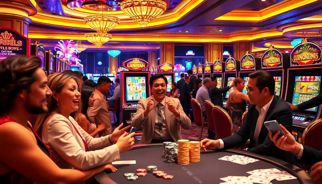 Players celebrating big wins on slot88 machines in a luxury casino setting.