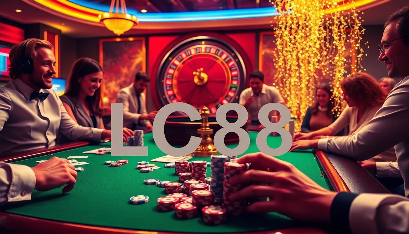 Players enjoying an exciting game at the LC88 casino table with vibrant chips and cards.
