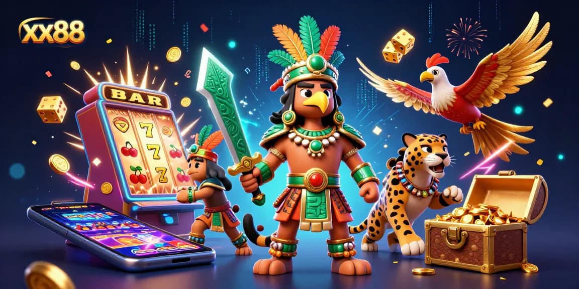 Spin the jackpot at xx88 with vibrant Aztec warriors and epic casino elements.
