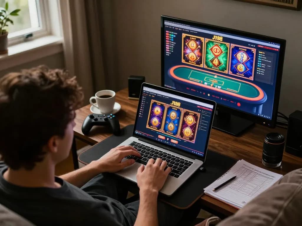 Engaging with J188 online casino setup at home, focusing on gameplay and strategy with laptop