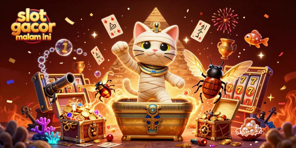 Experience slot gacor malam ini with a lively scene featuring a mummy cat and vivid casino elements.