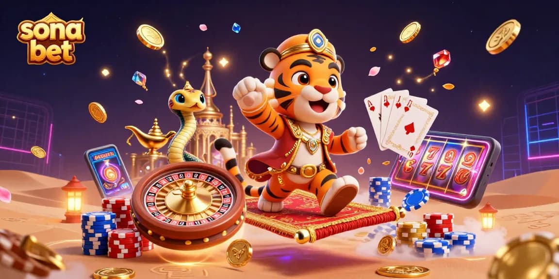 Engage in thrilling games at sona bet with a vibrant tiger sultan and gold palace.