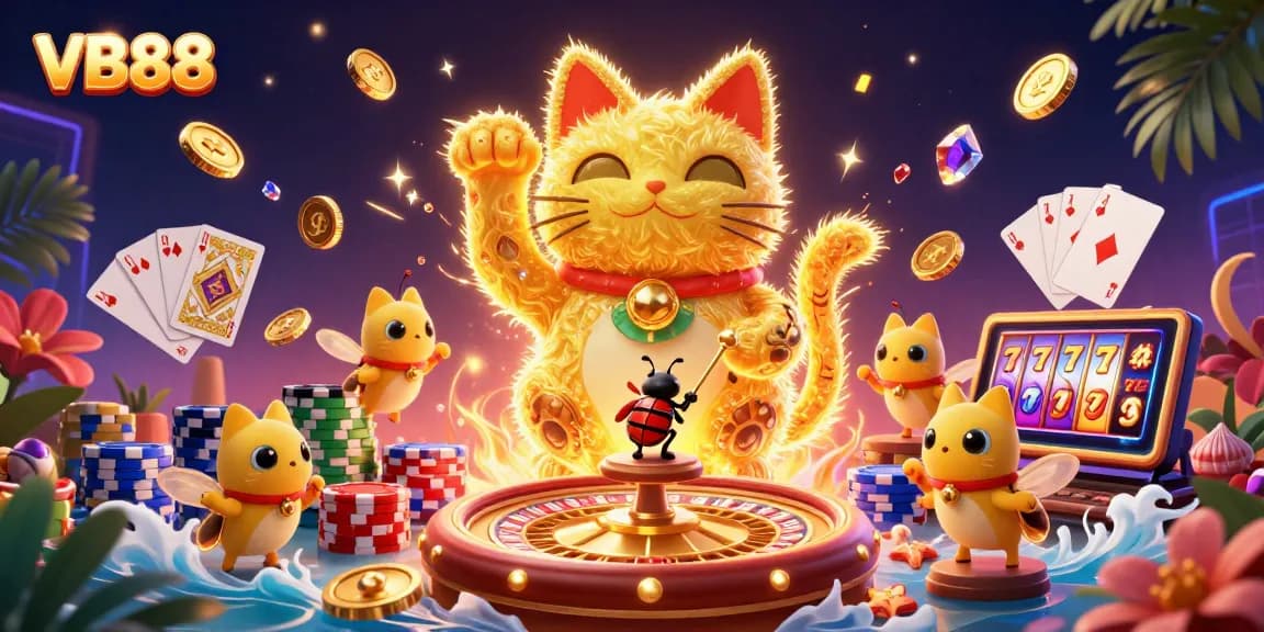 Experience thrilling gameplay with VB88 through a vibrant lucky cat and casino symbols illustration.