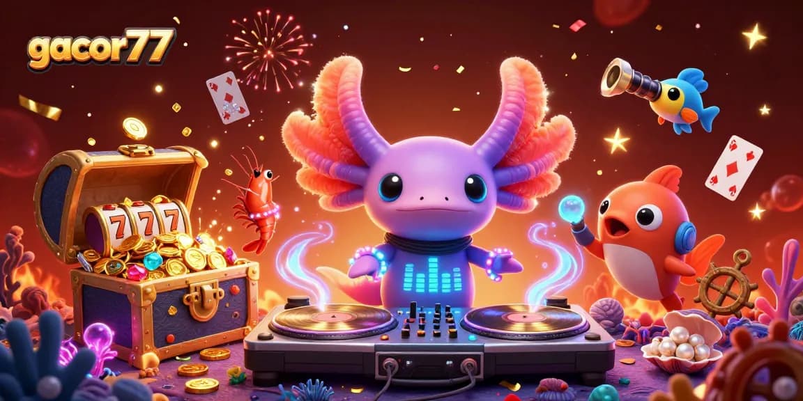 Temukan keseruan gacor77 dengan DJ axolotl neon dan karakter laut lainnya dalam ilustrasi yang menampilkan slot dan koin emas.