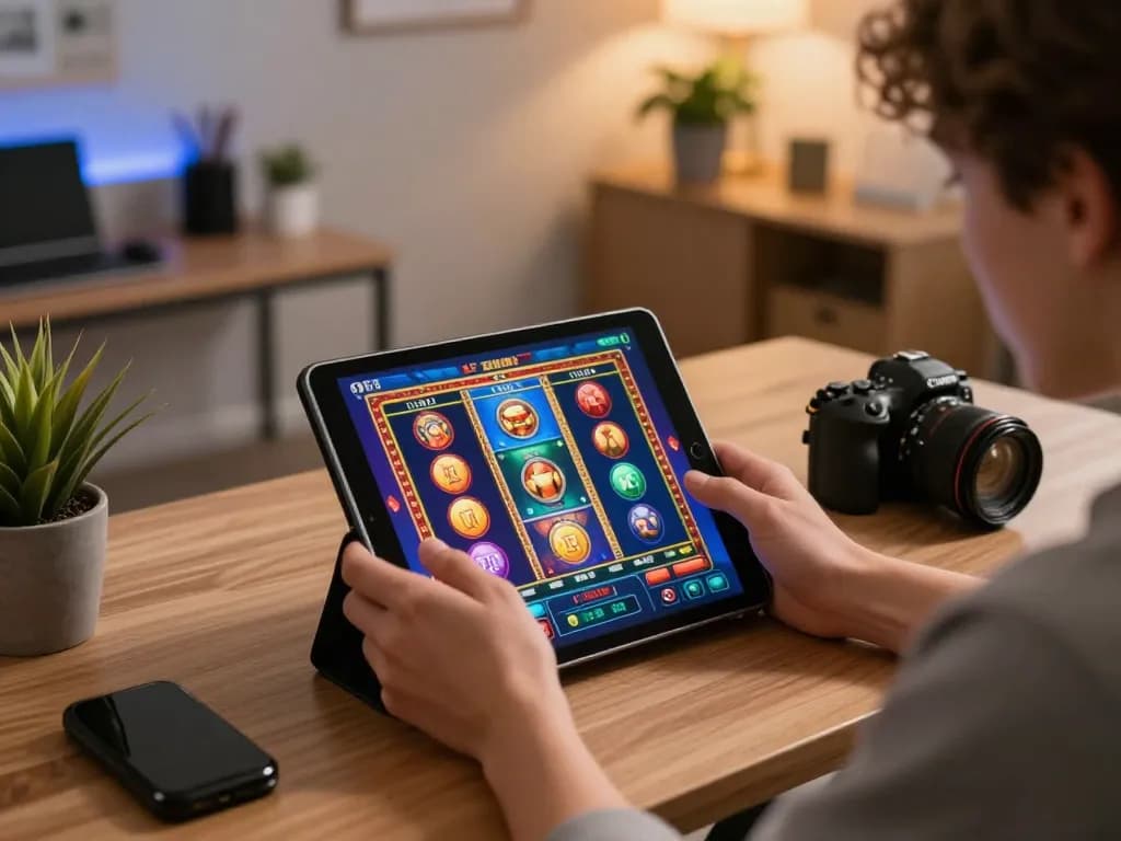 Spinadvisor user focused on tablet interface showcasing vibrant slot machine gameplay for an engaging experience