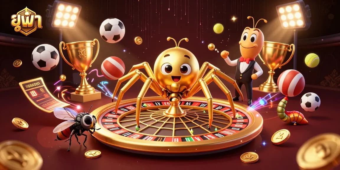 Engage with ยูฟ่า's thrilling roulette web where a fly nervously bets, surrounded by dynamic sports elements.