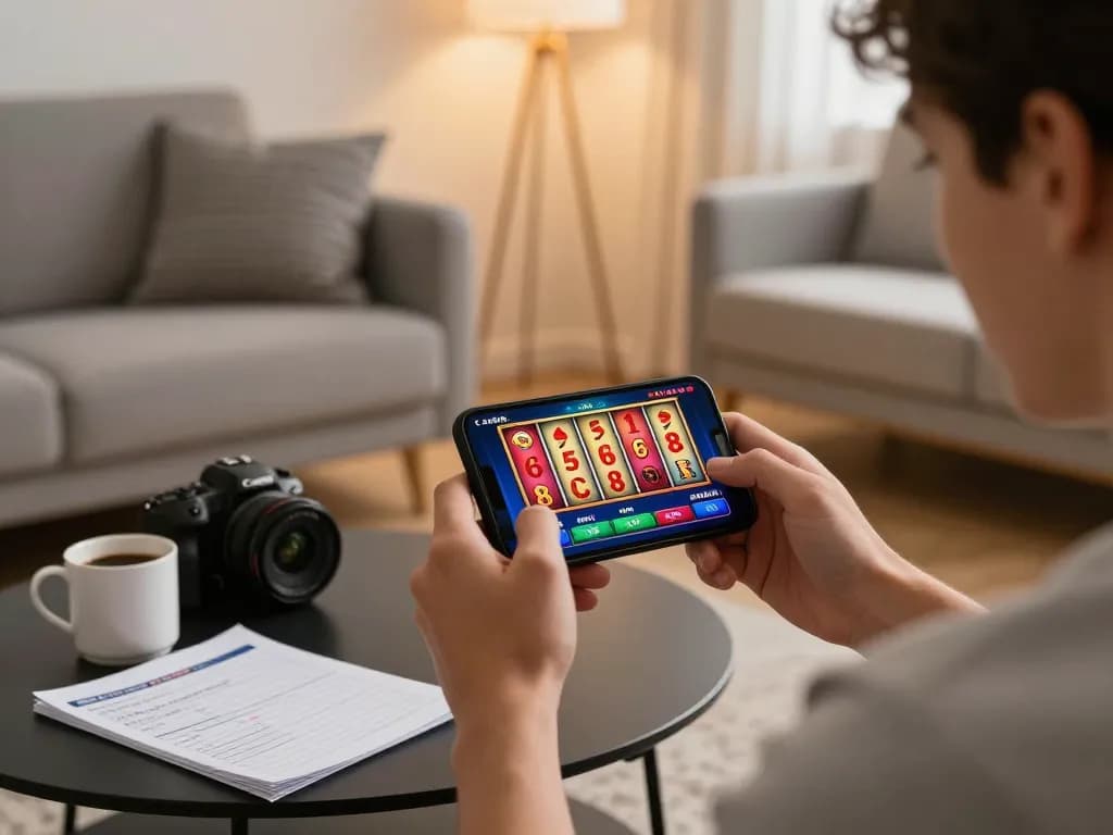 Player enjoying mobile gaming at home with fly88mb app on smartphone, showcasing casino excitement and responsible gambling.