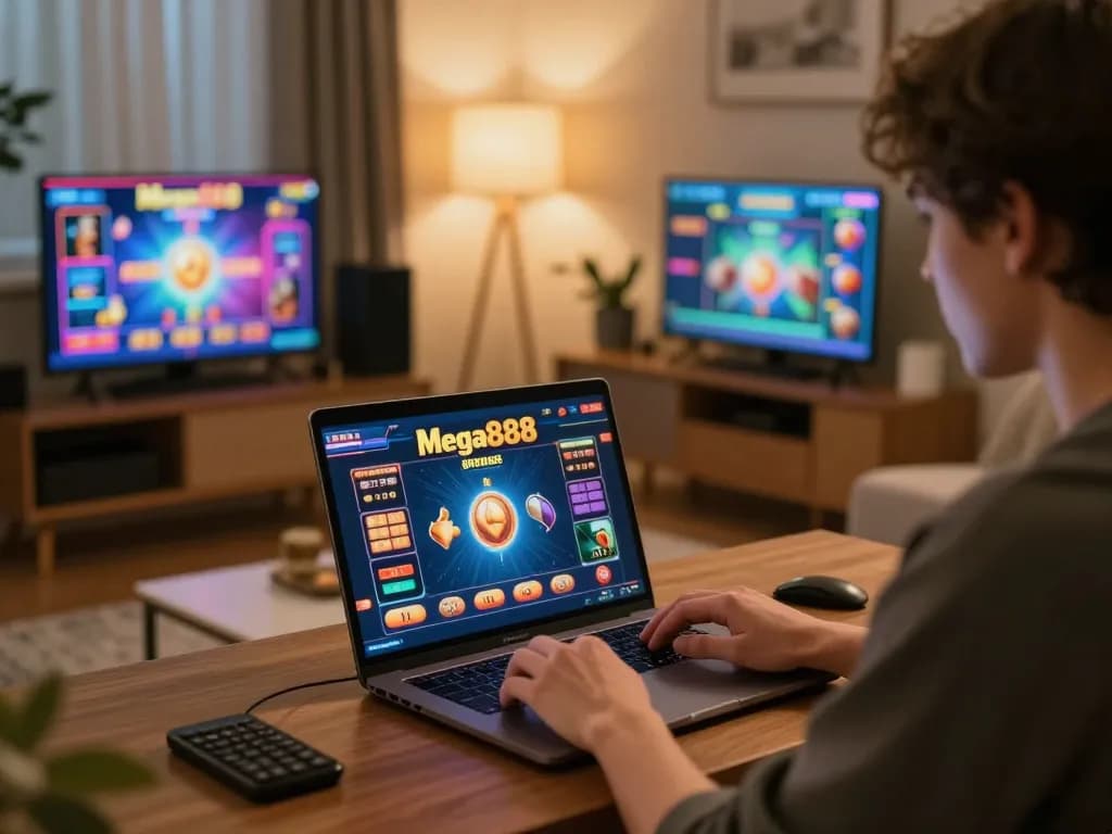 Engaging with free credit mega888 during online gaming in a cozy living room.