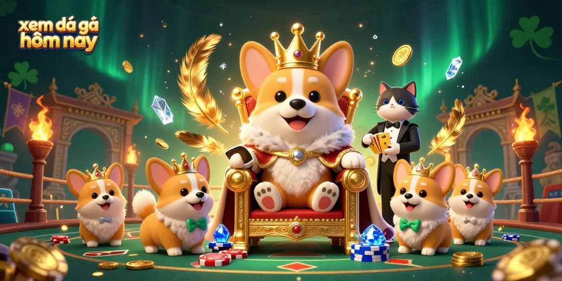 Experience xem đá gà hôm nay with dynamic cartoon illustration of corgis in a thrilling betting arena.