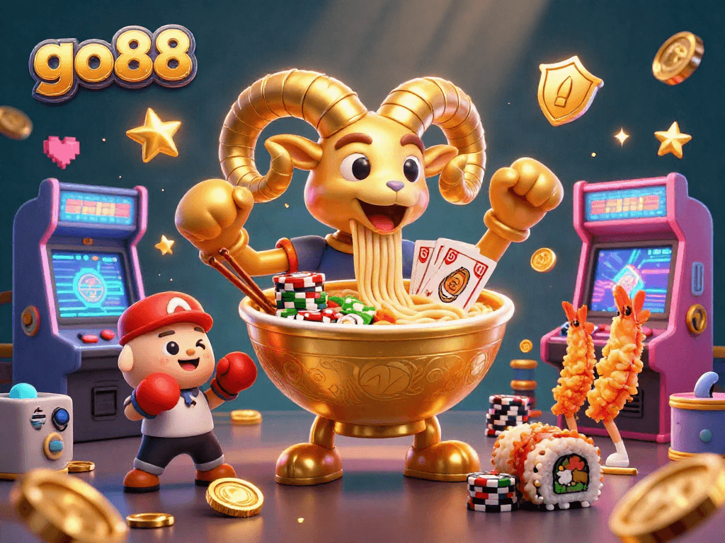 Play go88 with a colorful 3D illustration showcasing casino elements and vibrant characters.