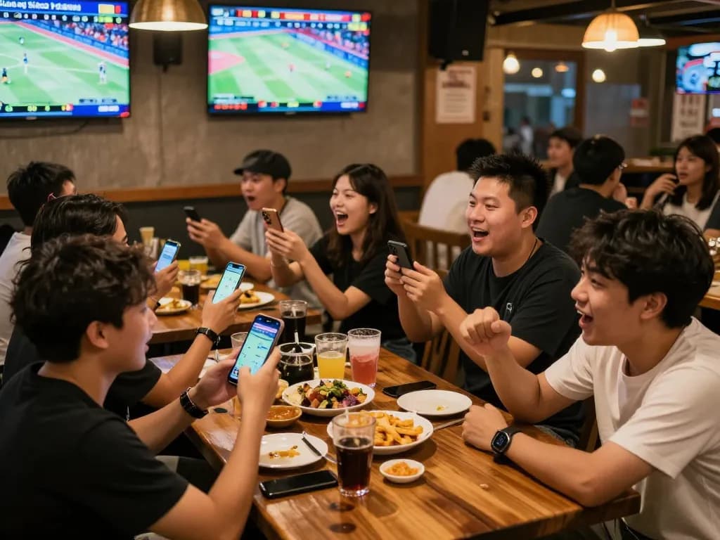 Fans engaging in sports betting while enjoying live games on Lương Sơn TV at a vibrant sports bar.