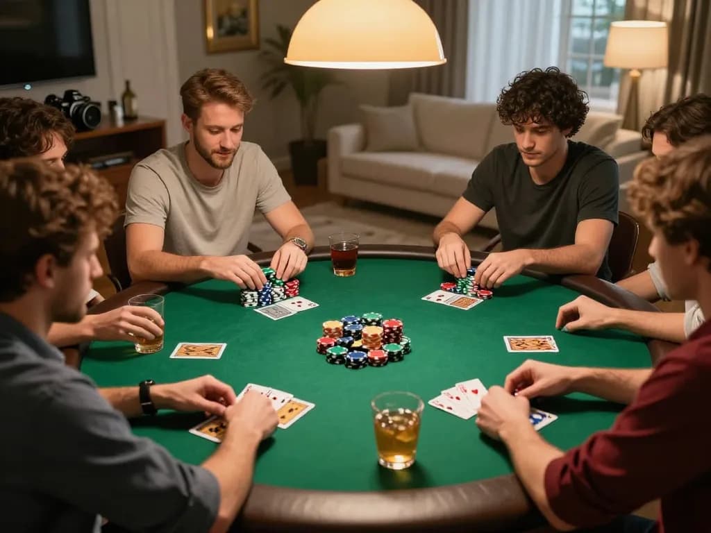 Engaged friends playing poker at home while enjoying drinks and snacks, showcasing 388bet strategy.
