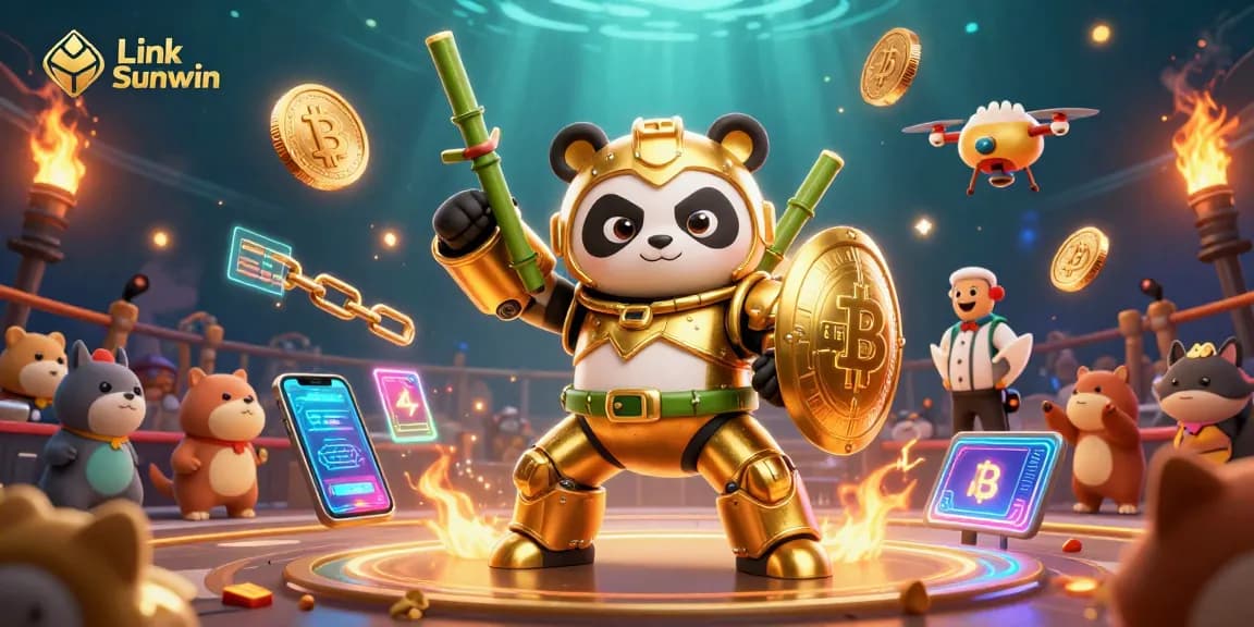 Engage with Link Sunwin through vibrant casino action featuring golden panda and cryptocurrency elements.