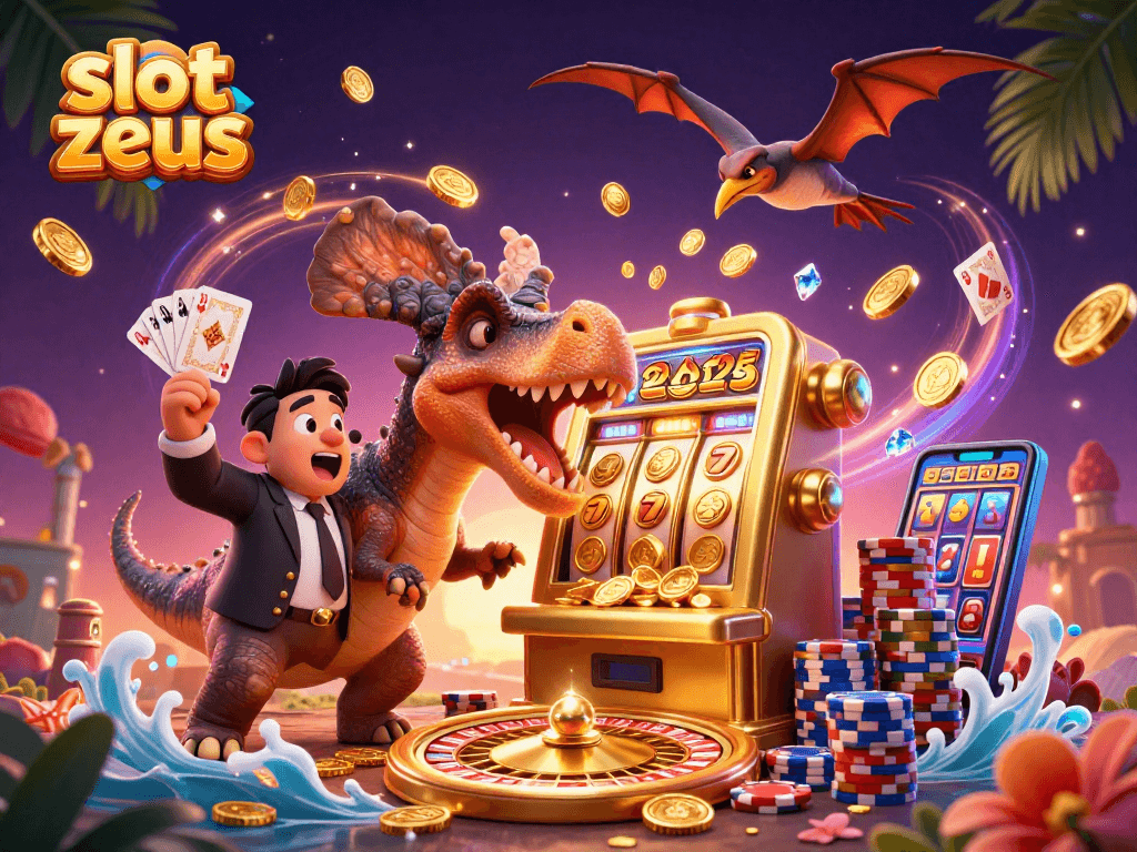 Experience the thrilling slot zeus adventure as characters interact with a golden slot machine and coins fly around.