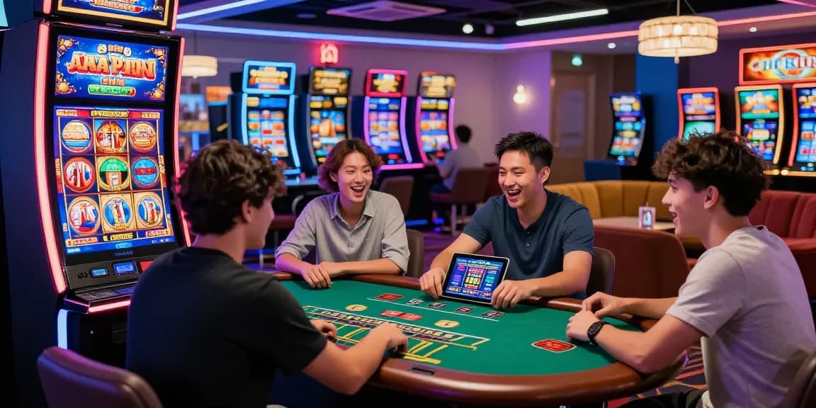 Exciting scene from the best online casinos in Australia, showing players enjoying slots and live dealer games in a vibrant virtual environment.