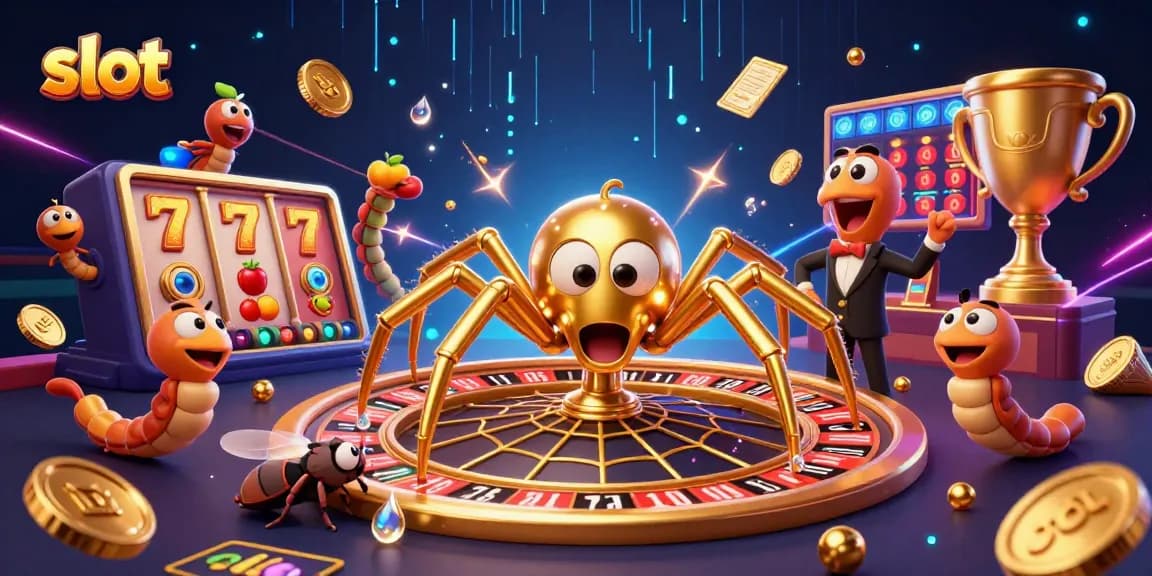 Permainan slot yang seru, dengan laba-laba emas menghias roda roulette dan pemain bertaruh di tepiannya.