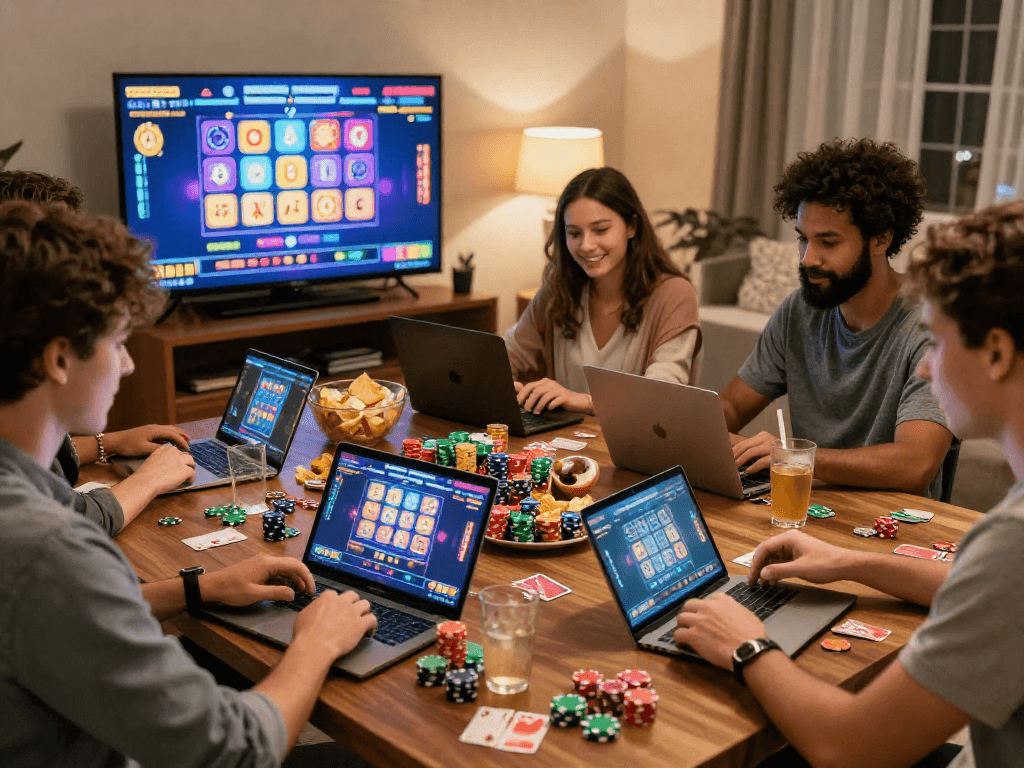 Players engaging with US online casinos in a cozy living room, enjoying games on mobile devices.