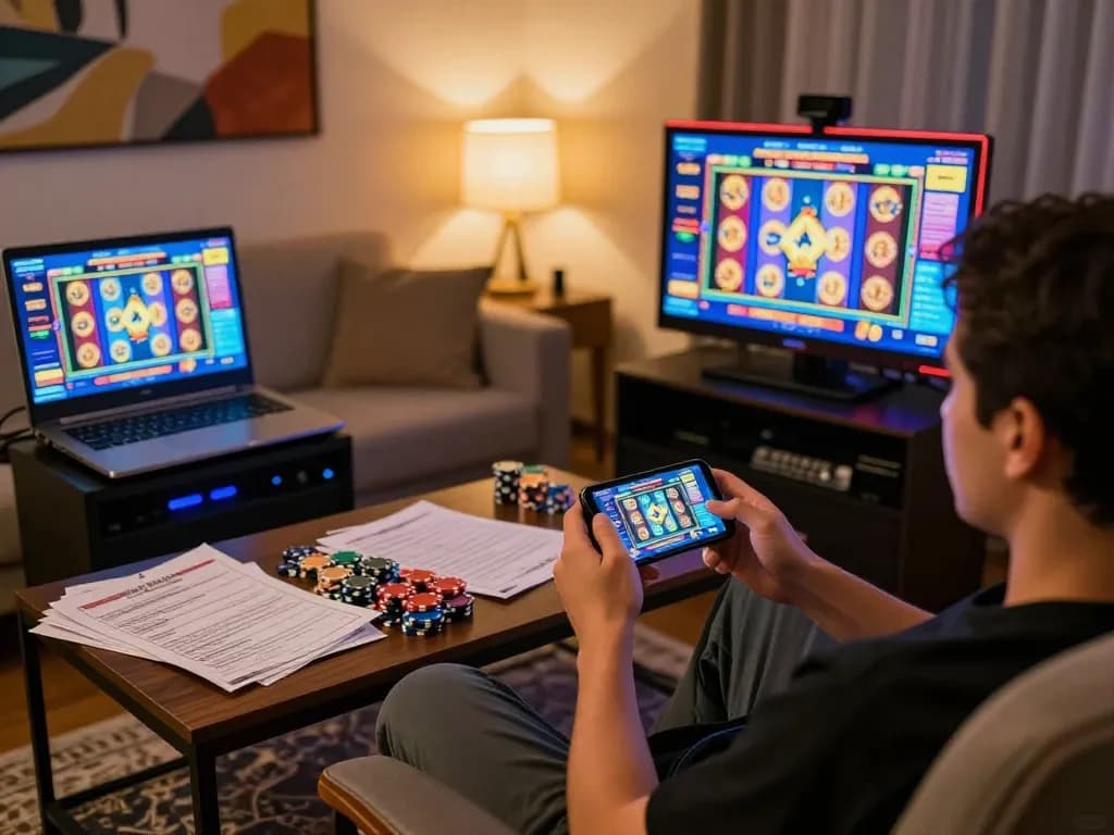 Engaging gameplay of slot gacor on a smartphone in a cozy home gaming setup.
