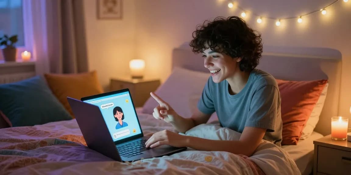 Engaging sexting AI chat on a cozy bedroom laptop, showcasing warmth and intimacy.