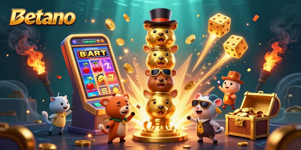 Betano showcases vibrant gaming with a 3D totem pole, slot machine, and dynamic casino elements.