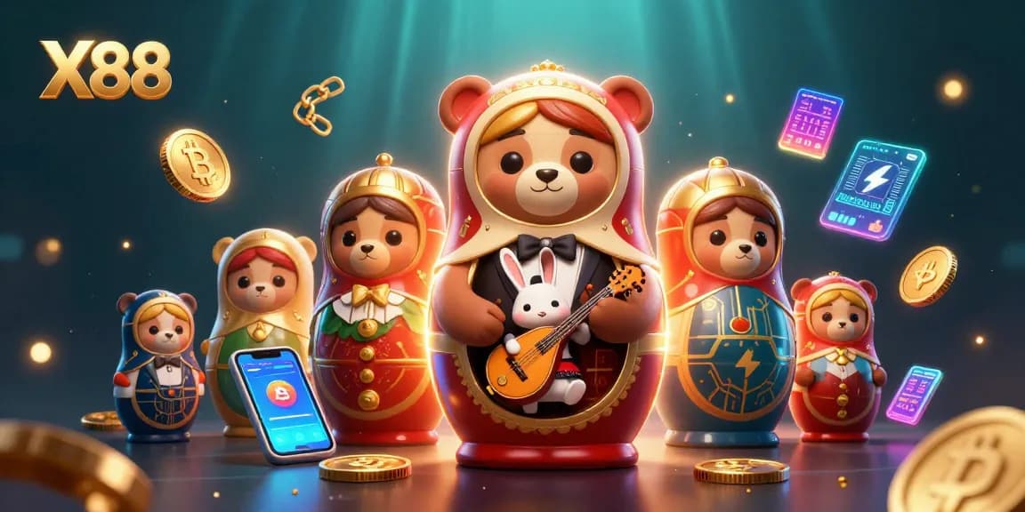 Engage with X88's vibrant casino scene, showcasing charming characters and crypto elements.
