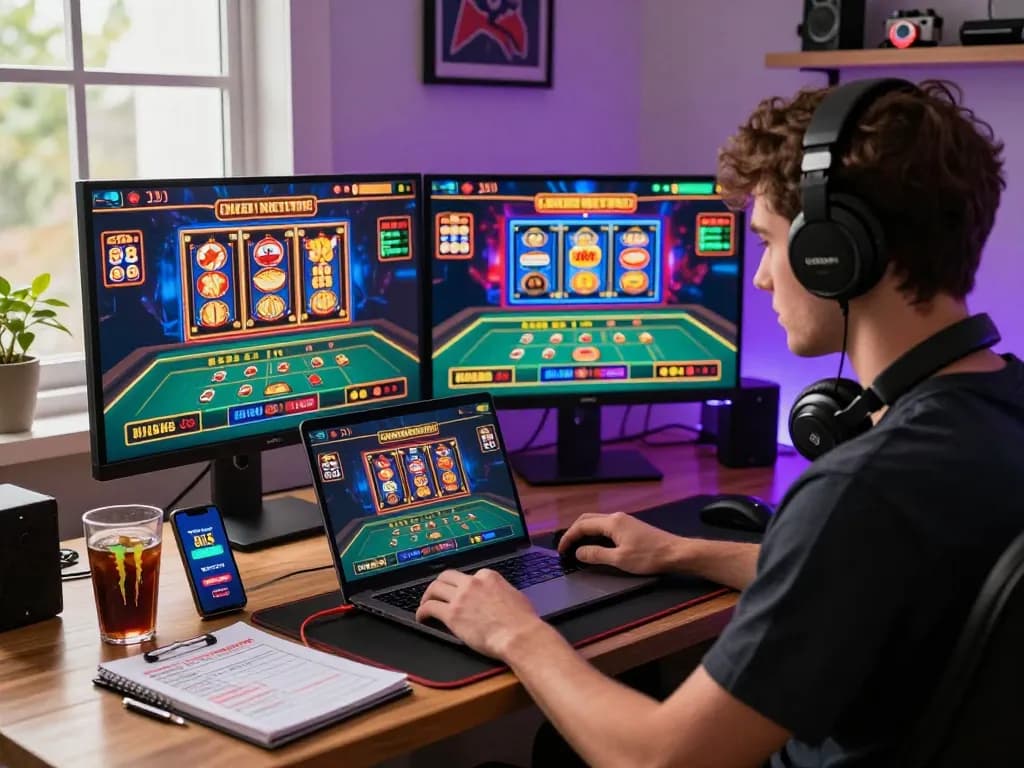 Engaged player enjoying 88aa online gaming with vibrant visuals and interactive elements in a cozy home office.